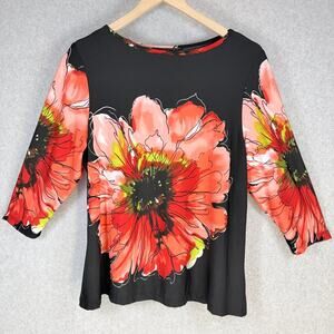 Legend Women's Blouse Large Black Red Floral Print Polyester Top 3/4 Sleeve NWT